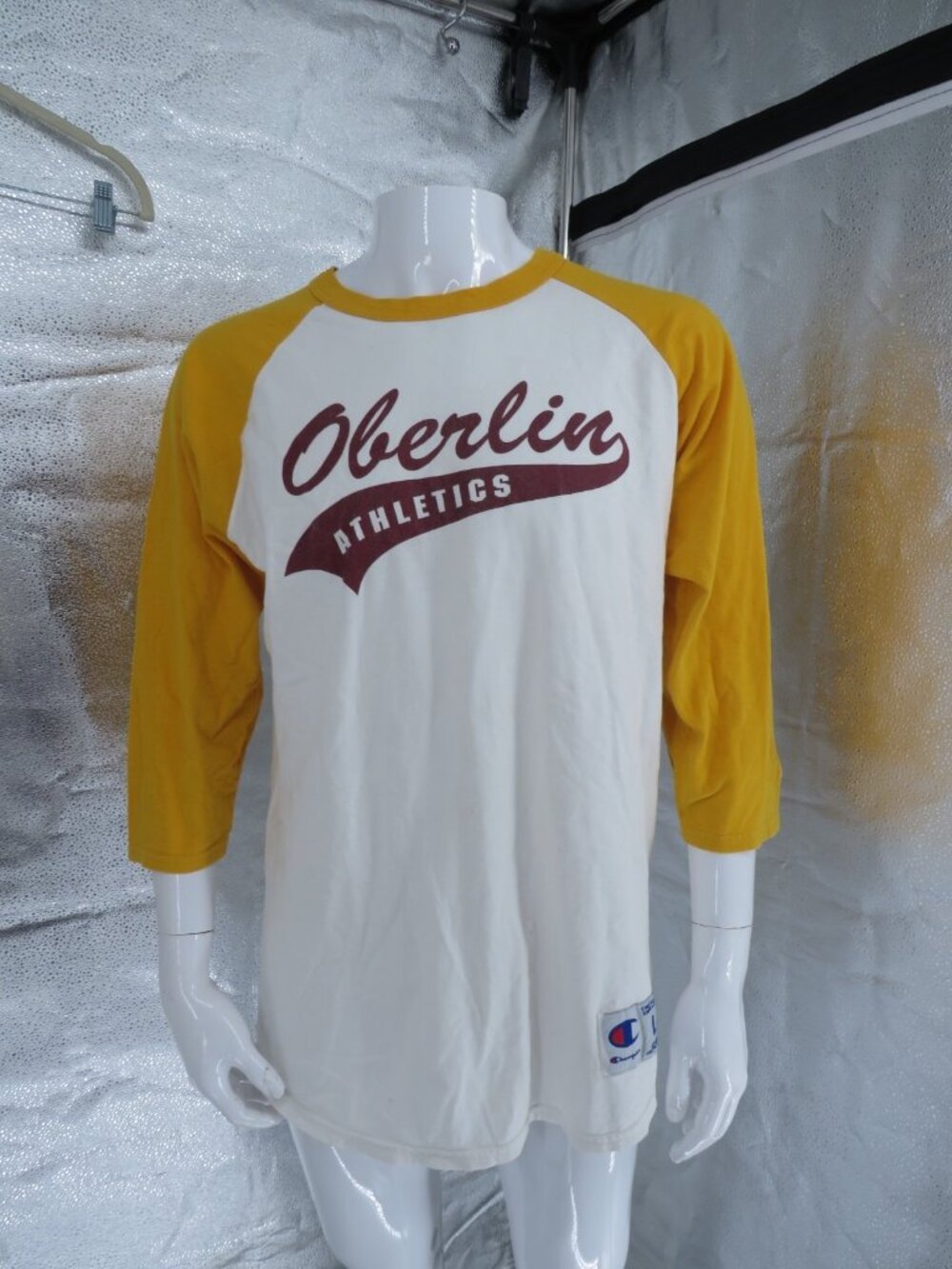 Champion Oberlin Athletics Raglan Shirt Yellow White Large Vintage 3/4 Sleeve